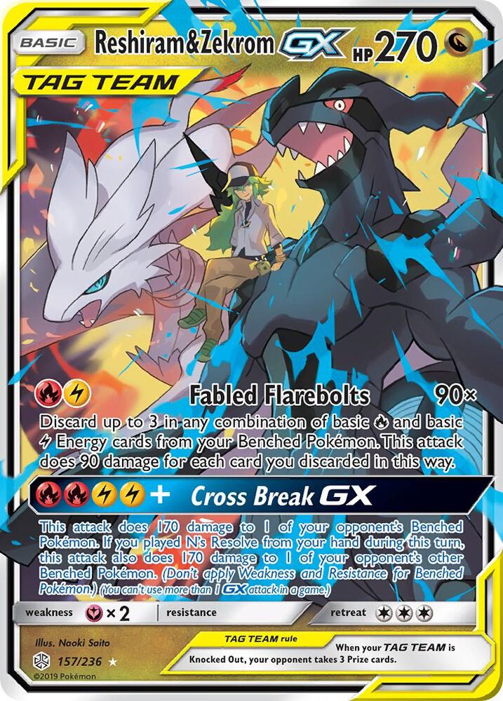 Reshiram & Zekrom GX 157/236 card from SM - Cosmic Eclipse