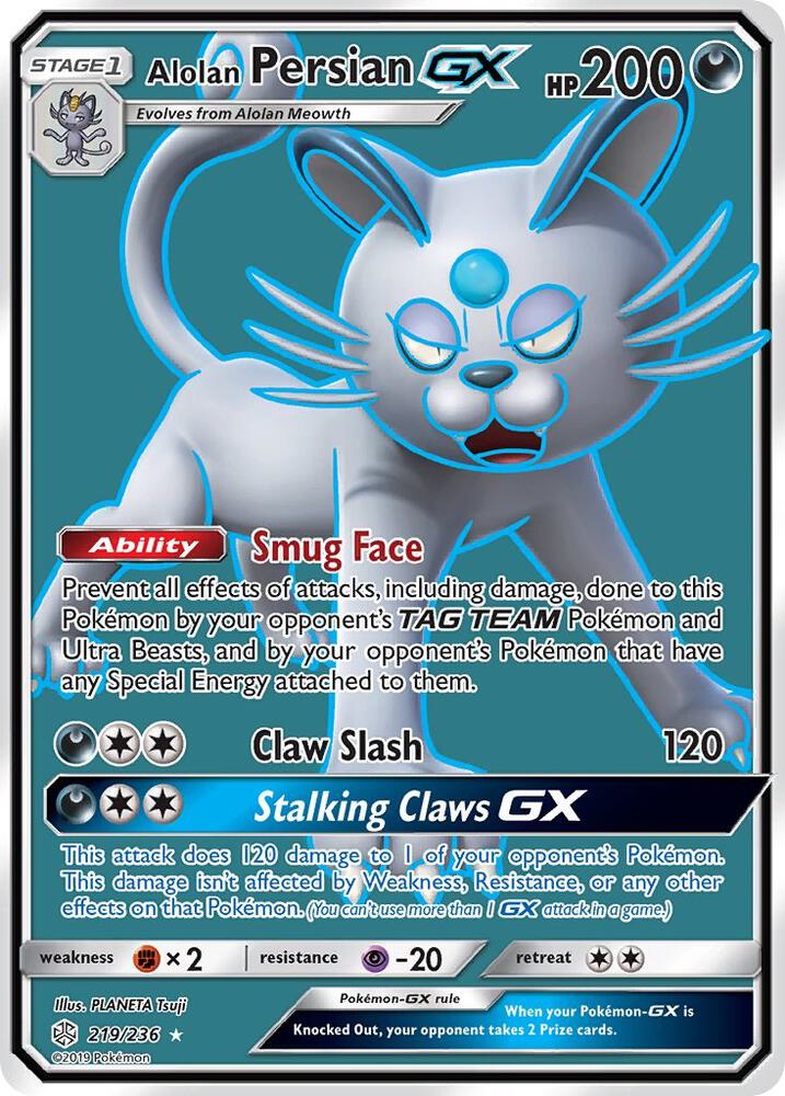 Alolan Persian GX (Full Art) 219/236 card from SM - Cosmic Eclipse