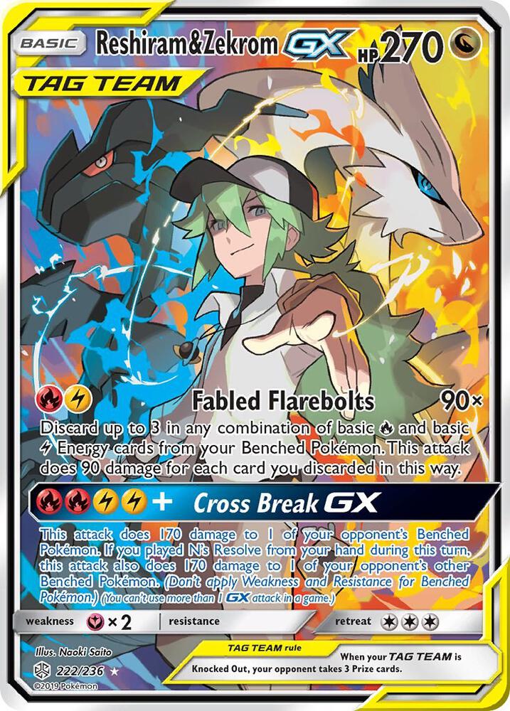 Reshiram & Zekrom GX (Full Art) 222/236 card from SM - Cosmic Eclipse