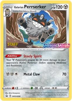 Galarian Perrserker (Prerelease) [Staff] SWSH008 card from SWSH: Sword & Shield Promo Cards