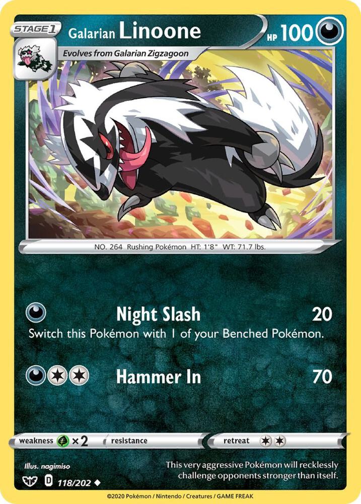 Galarian Linoone 118/202 card from SWSH01: Sword & Shield Base Set