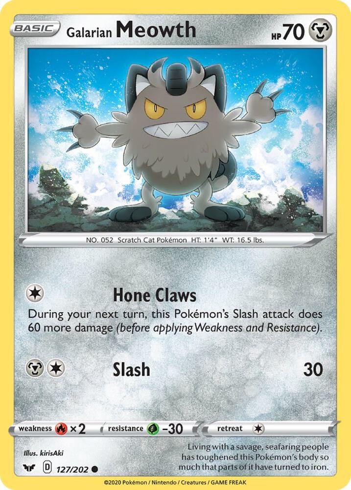 Galarian Meowth 127/202 card from SWSH01: Sword & Shield Base Set