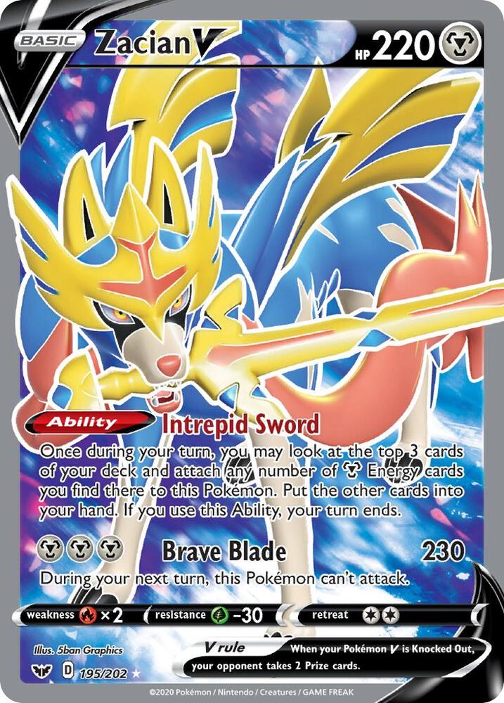 Zacian V (Full Art) 195/202 card from SWSH01: Sword & Shield Base Set