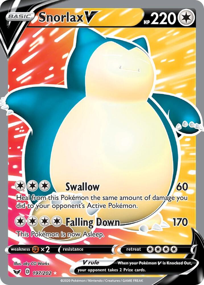 Snorlax V (Full Art) 197/202 card from SWSH01: Sword & Shield Base Set