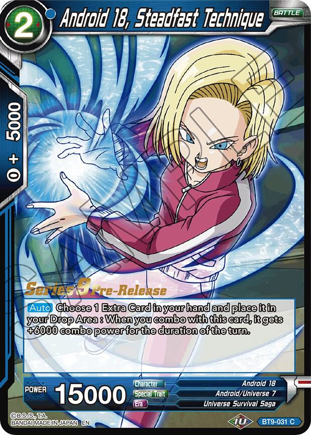 Android 18, Steadfast Technique BT9-031 card from Universal Onslaught Pre-Release Cards