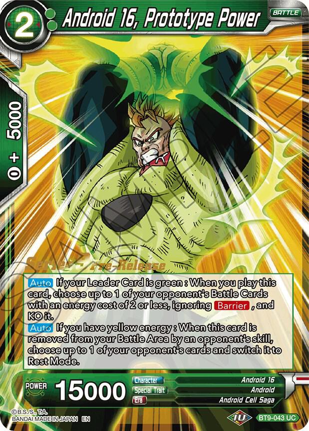 Android 16, Prototype Power BT9-043 card from Universal Onslaught Pre-Release Cards