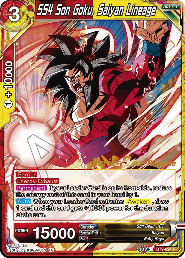 SS4 Son Goku, Saiyan Lineage BT9-094 card from Universal Onslaught Pre-Release Cards
