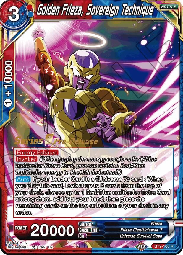 Golden Frieza, Sovereign Technique BT9-106 card from Universal Onslaught Pre-Release Cards