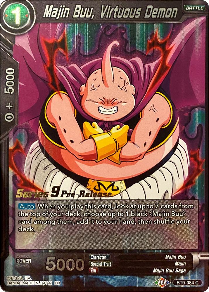 Majin Buu, Virtuous Demon BT9-084 card from Universal Onslaught Pre-Release Cards