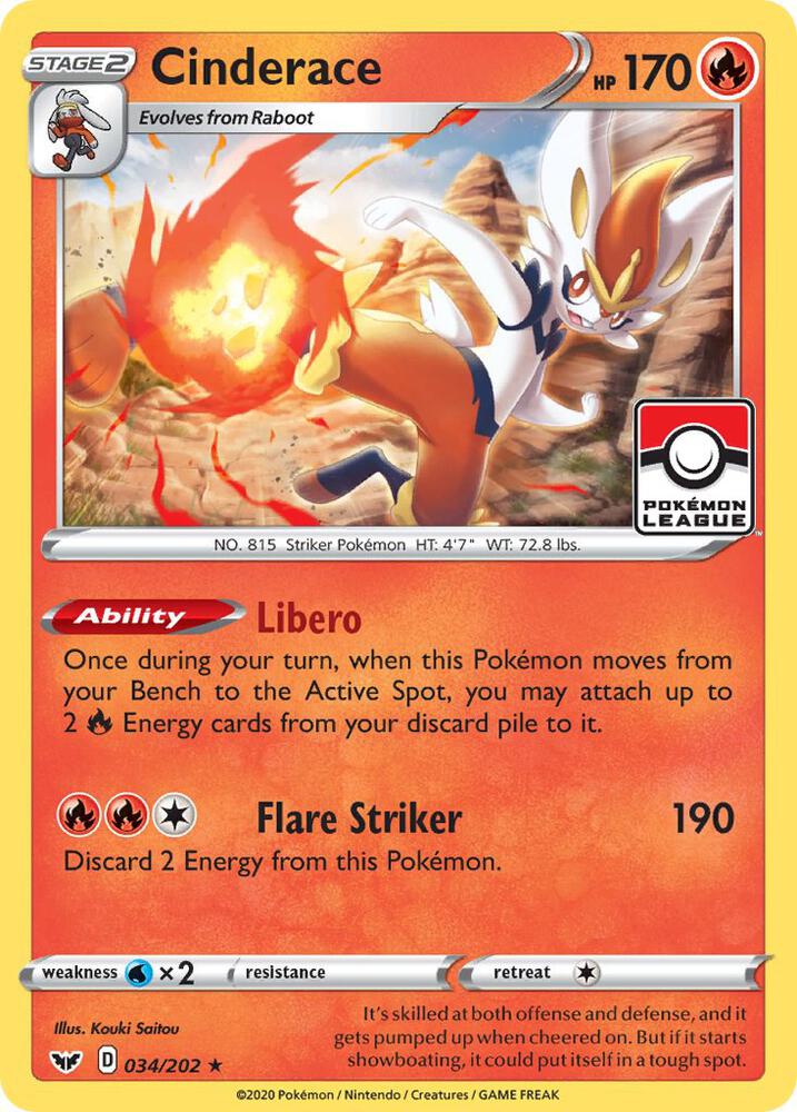 Cinderace (Pokemon League) 034/202 card from League & Championship Cards