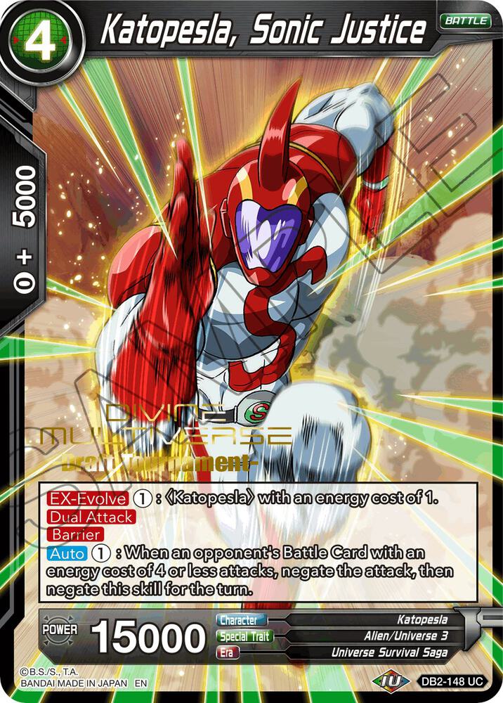 Katopesla, Sonic Justice (Divine Multiverse Draft Tournament) DB2-148 card from Tournament Promotion Cards