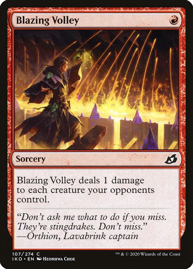 Blazing Volley 107 card from Ikoria: Lair of Behemoths