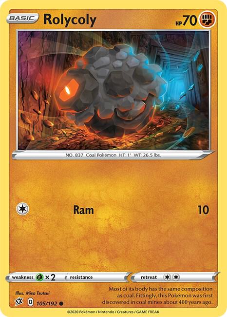Rolycoly 105/192 card from SWSH02: Rebel Clash