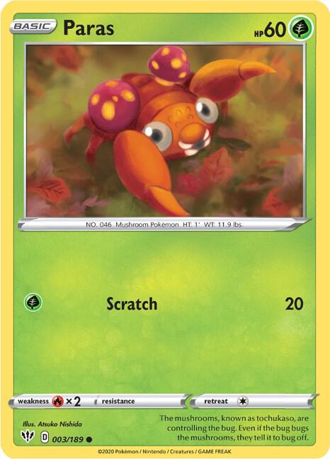 Paras 003/189 card from SWSH03: Darkness Ablaze