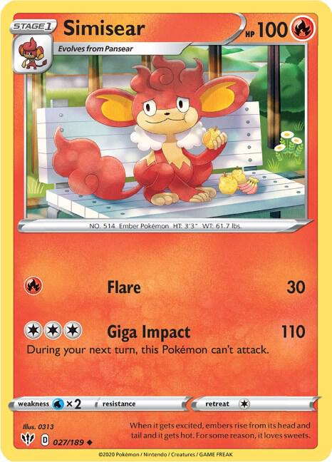Simisear 027/189 card from SWSH03: Darkness Ablaze