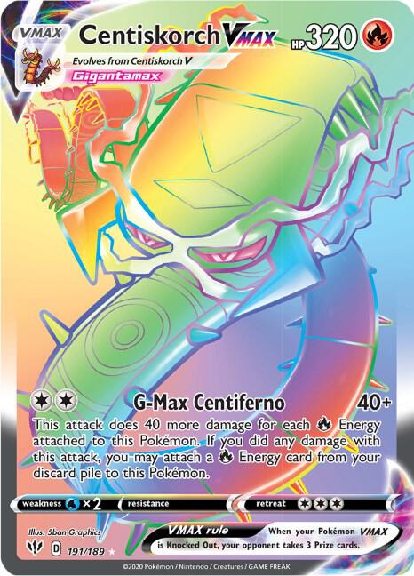 Centiskorch VMAX (Secret) 191/189 card from SWSH03: Darkness Ablaze