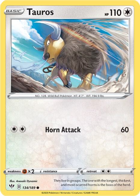 Tauros 134/189 card from SWSH03: Darkness Ablaze