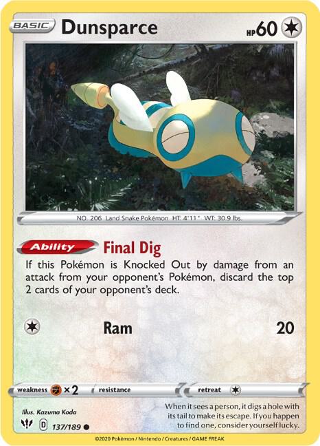 Dunsparce 137/189 card from SWSH03: Darkness Ablaze