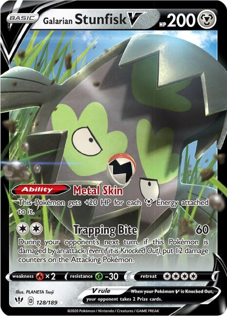 Galarian Stunfisk V 128/189 card from SWSH03: Darkness Ablaze