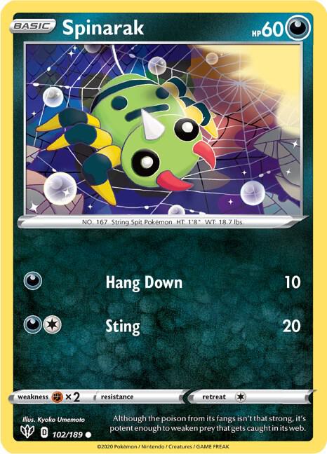 Spinarak 102/189 card from SWSH03: Darkness Ablaze