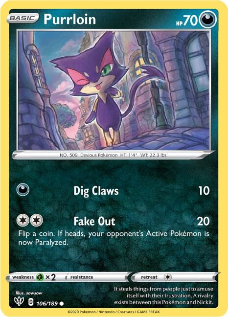 Purrloin 106/189 card from SWSH03: Darkness Ablaze