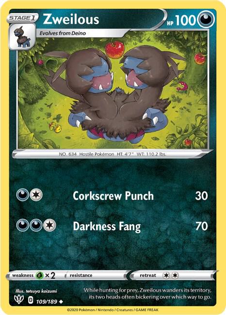 Zweilous 109/189 card from SWSH03: Darkness Ablaze