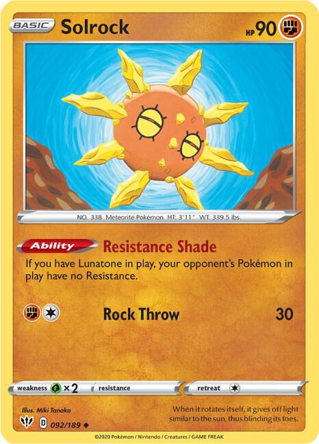 Solrock 092/189 card from SWSH03: Darkness Ablaze