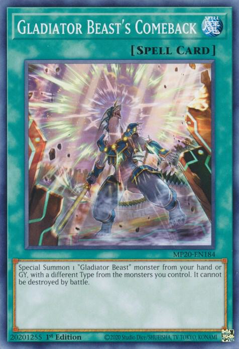 Gladiator Beast's Comeback MP20-EN184 card from 2020 Tin of Lost Memories