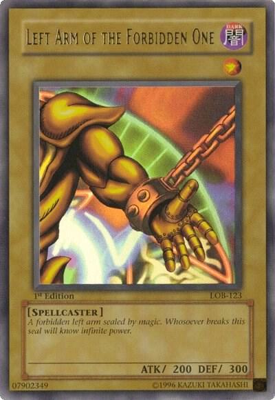 Left Arm of the Forbidden One LOB-123 card from The Legend of Blue Eyes White Dragon