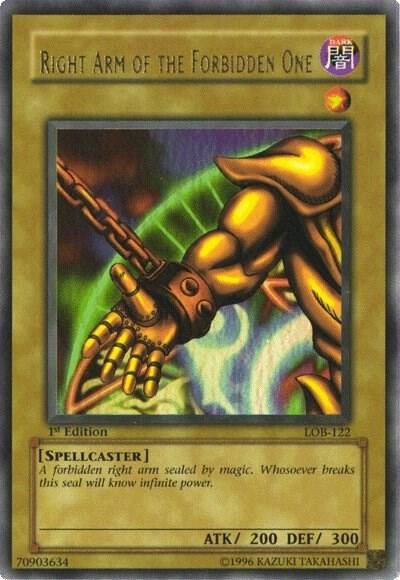 Right Arm of the Forbidden One LOB-122 card from The Legend of Blue Eyes White Dragon