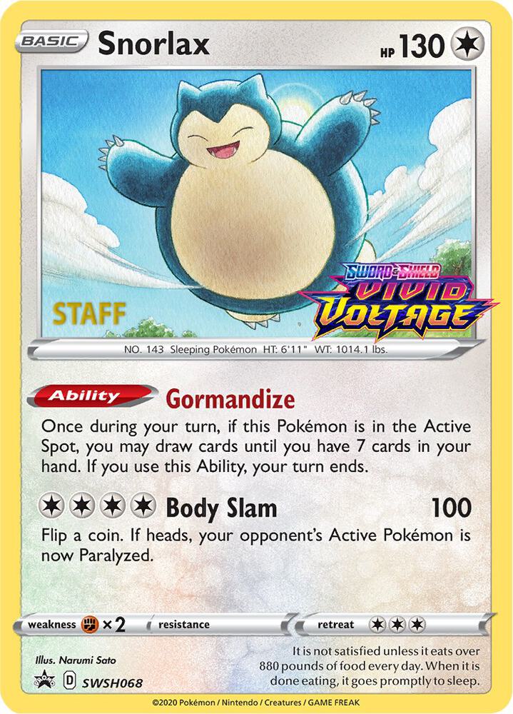 Snorlax (Prerelease) [Staff] SWSH068 card from SWSH: Sword & Shield Promo Cards