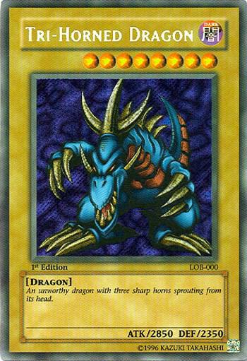 Tri-Horned Dragon LOB-000 card from The Legend of Blue Eyes White Dragon