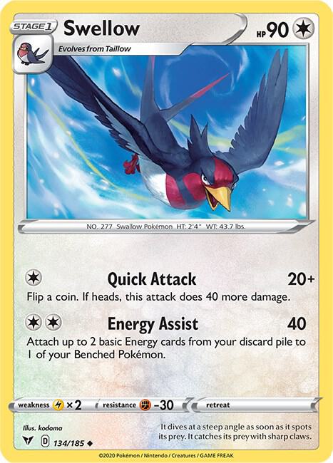 Swellow 134/185 card from SWSH04: Vivid Voltage