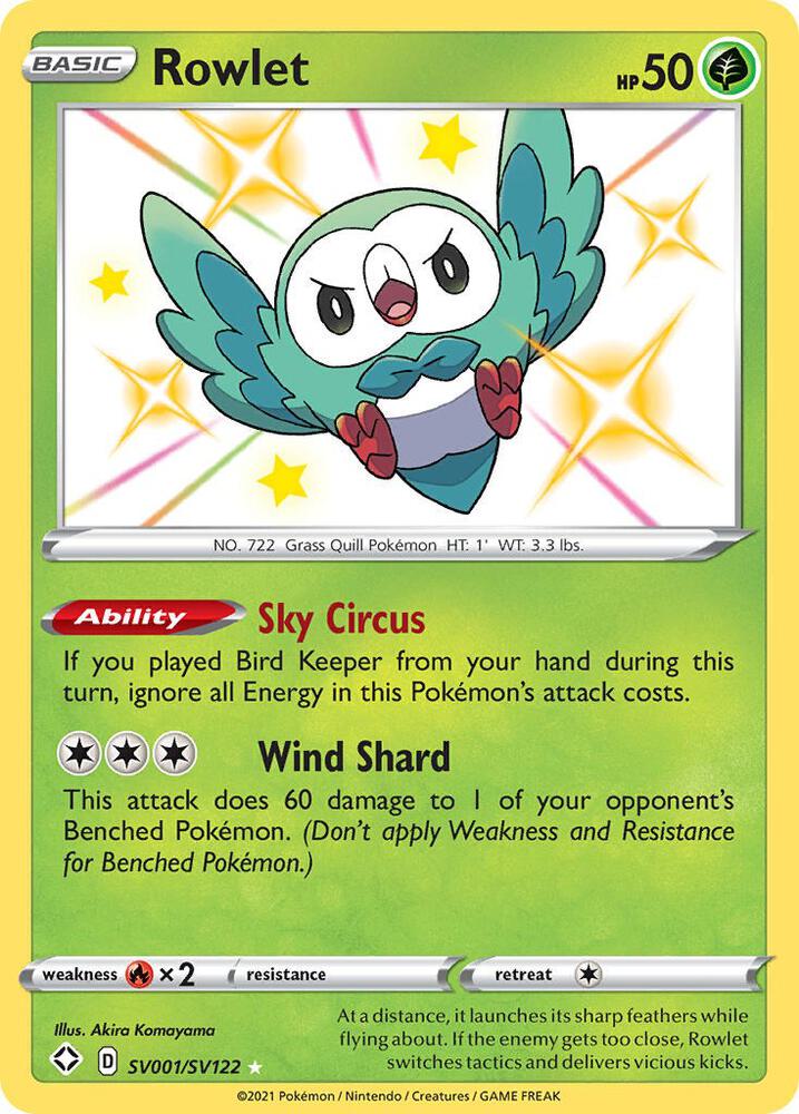Rowlet SV001/SV122 card from Shining Fates: Shiny Vault
