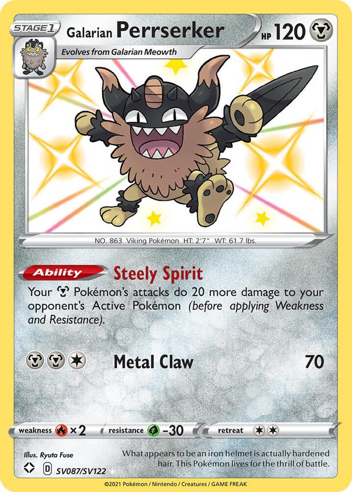 Galarian Perrserker SV087/SV122 card from Shining Fates: Shiny Vault