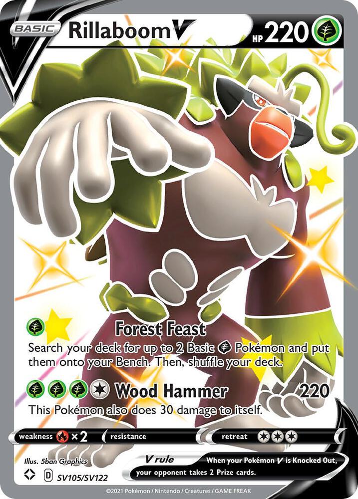 Rillaboom V SV105/SV122 card from Shining Fates: Shiny Vault