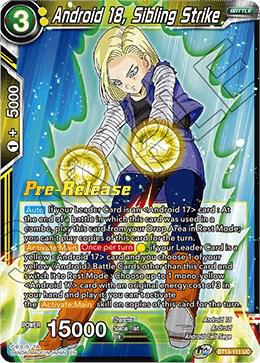 Android 18, Sibling Strike BT13-111 card from Supreme Rivalry Pre-Release Cards