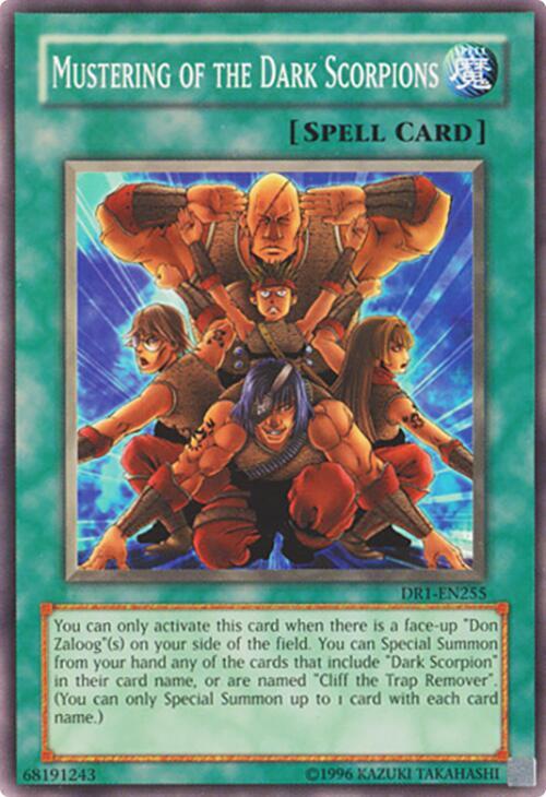 Mustering of the Dark Scorpions DR1-EN255 card from Dark Revelation Volume 1