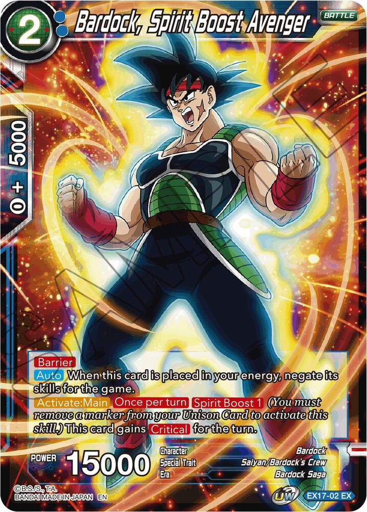 Bardock, Spirit Boost Avenger EX17-02 card from Expansion Deck Box Set 17: Saiyan Boost