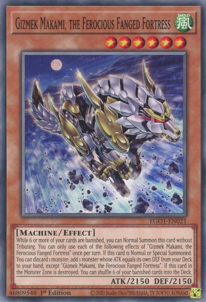 Gizmek Makami, the Ferocious Fanged Fortress EGO1-EN021 card from Egyptian God Deck: Obelisk the Tormentor