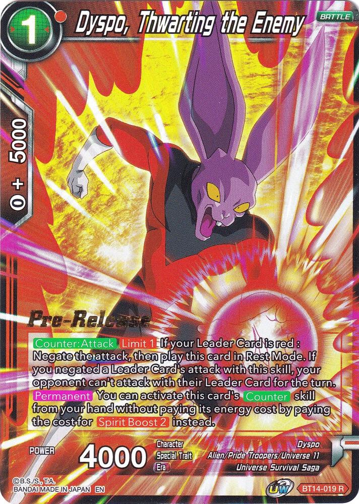 Dyspo, Thwarting the Enemy BT14-019 card from Cross Spirits Pre-Release Cards