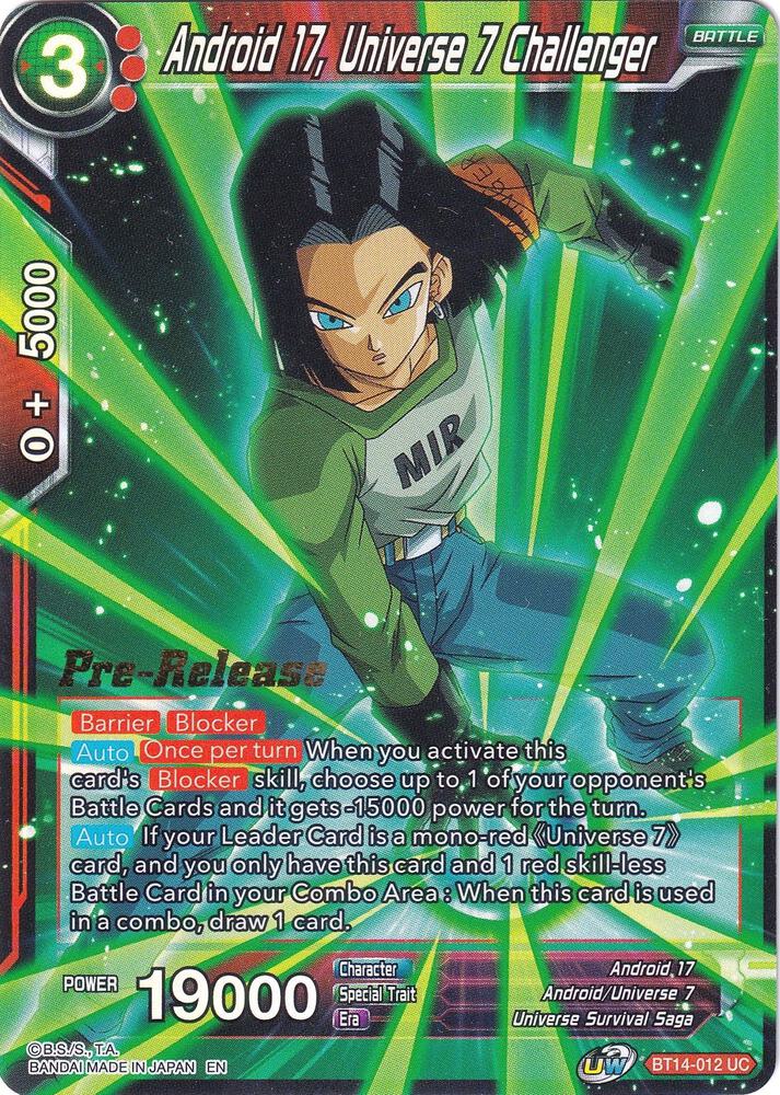 Android 17, Universe 7 Challenger BT14-012 card from Cross Spirits Pre-Release Cards