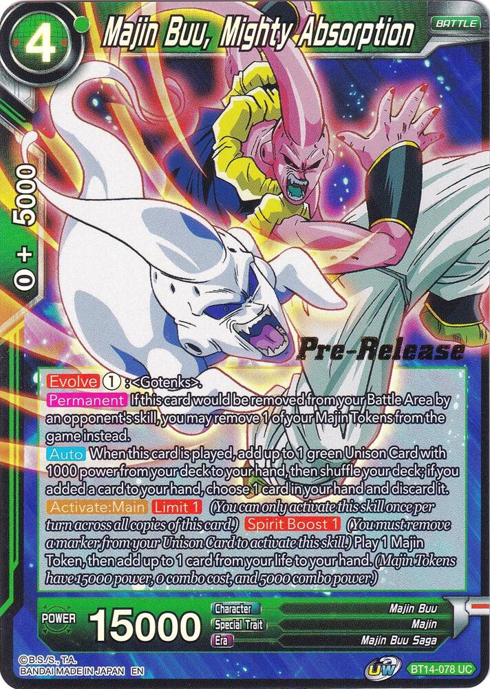 Majin Buu, Mighty Absorption BT14-078 card from Cross Spirits Pre-Release Cards