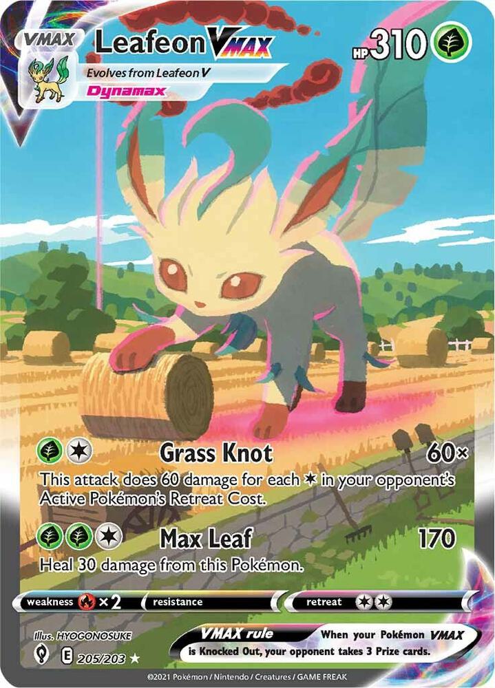 Leafeon VMAX (Alternate Art Secret) 205/203 card from SWSH07: Evolving Skies
