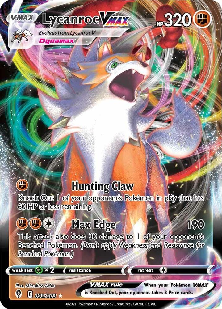 Lycanroc VMAX 092/203 card from SWSH07: Evolving Skies