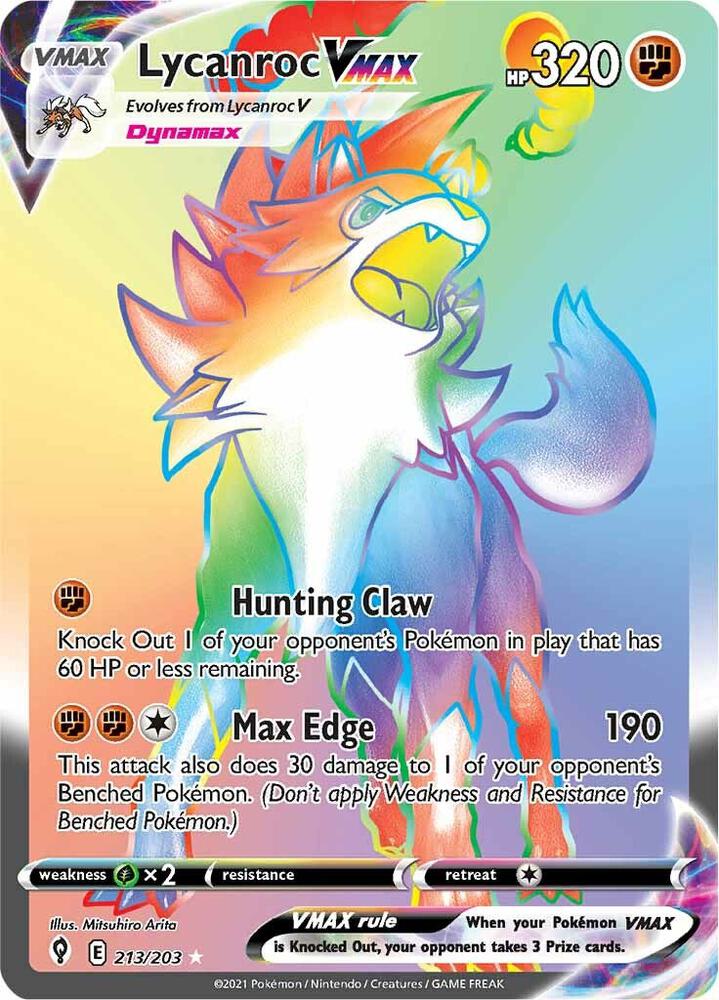 Lycanroc VMAX (Secret) 213/203 card from SWSH07: Evolving Skies