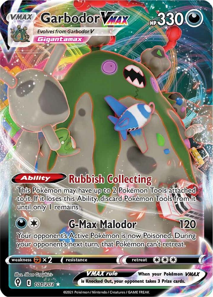 Garbodor VMAX 101/203 card from SWSH07: Evolving Skies
