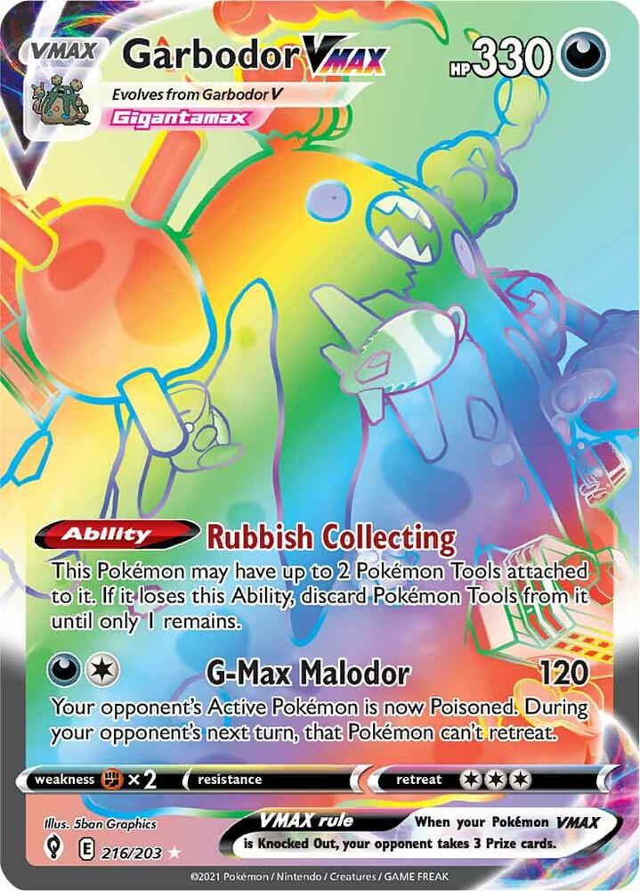 Garbodor VMAX (Secret) 216/203 card from SWSH07: Evolving Skies