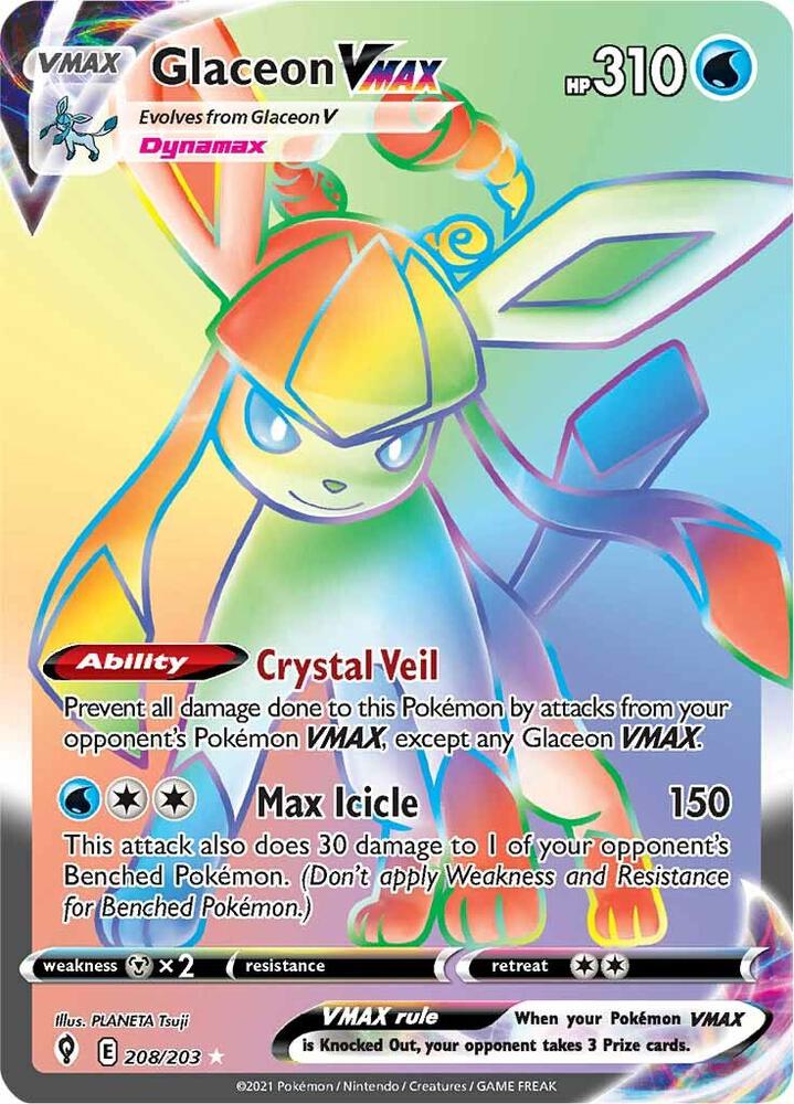 Glaceon VMAX (Secret) 208/203 card from SWSH07: Evolving Skies