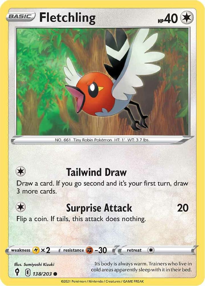 Fletchling 138/203 card from SWSH07: Evolving Skies